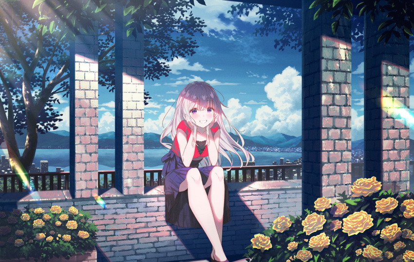 1girl bangs blue_ribbon blue_skirt blue_sky blush bush cityscape clouds commentary_request day eyelashes feet_out_of_frame floating_hair flower grin hair_between_eyes hands_up head_rest high-waist_skirt highres horizon koh_rd lake light_rays long_hair long_skirt looking_at_viewer mountain mountainous_horizon original outdoors red_shirt ribbon rose shirt shirt_tucked_in short_sleeves sidelocks sitting skirt sky smile solo stone_wall sunlight teeth tree violet_eyes wall water white_hair yellow_flower yellow_rose