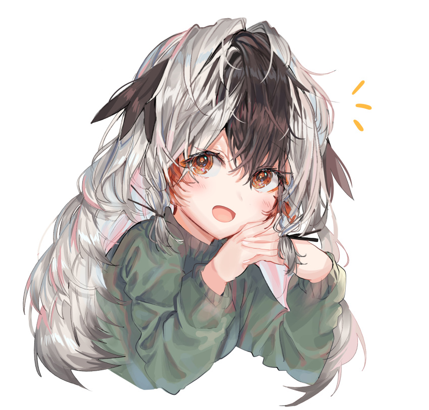 1girl 414_(hncx3355) alternate_costume arknights bangs black_hair brown_eyes commentary_request cropped_torso feather_hair green_sweater grey_hair highres long_hair long_sleeves looking_at_viewer multicolored_hair open_mouth simple_background snowsant_(arknights) solo sweater two-tone_hair upper_body white_background