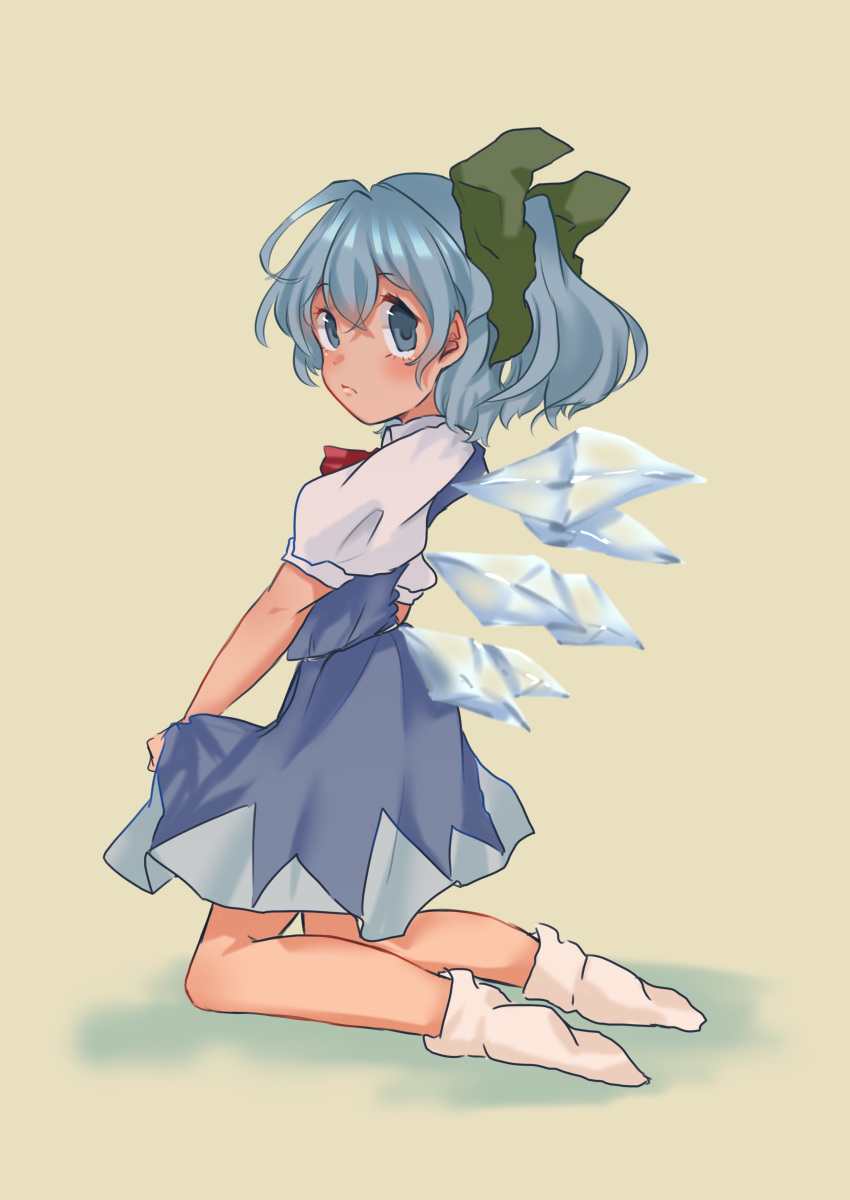 1girl absurdres adapted_costume blue_eyes blue_hair blue_skirt blue_vest bow cirno closed_mouth detached_wings from_side frown full_body green_bow hair_between_eyes hair_bow higashi_kana highres ice ice_wings looking_at_viewer looking_to_the_side no_shoes puffy_short_sleeves puffy_sleeves shirt short_hair short_sleeves simple_background skirt skirt_set socks solo touhou vest white_shirt white_socks wings