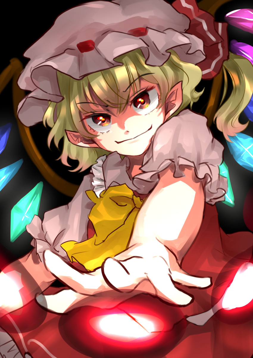 1girl absurdres ascot blonde_hair closed_mouth commentary_request danmaku flandre_scarlet frilled_shirt_collar frilled_sleeves frills hair_between_eyes hat higashi_kana highres looking_at_viewer medium_hair mob_cap orange_eyes puffy_short_sleeves puffy_sleeves red_ribbon red_skirt red_vest ribbon ribbon-trimmed_headwear ribbon_trim shirt short_sleeves side_ponytail skirt solo touhou upper_body v-shaped_eyebrows vest white_headwear white_shirt yellow_ascot