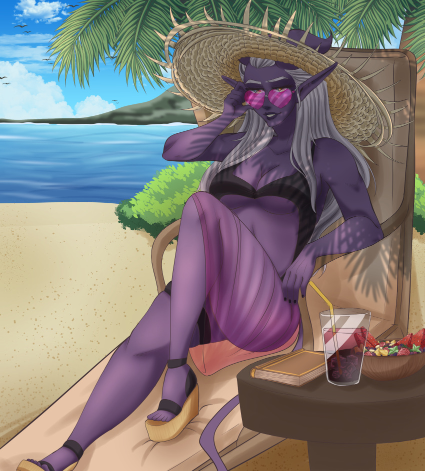 absurdres beach beach_umbrella colored_skin demon_girl demon_horns dungeons_and_dragons highres horns non-web_source original pointy_ears purple_skin sandals sharp_teeth sunglasses swimsuit tail teeth umbrella zareila