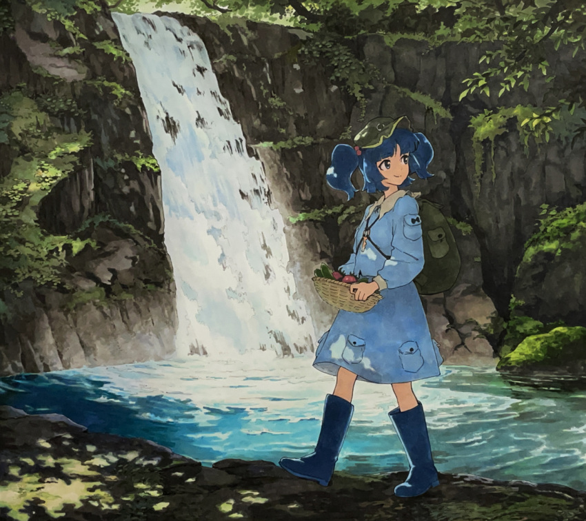 1girl backpack bag basket blue_eyes blue_footwear blue_hair blue_skirt boots collared_shirt cucumber dappled_sunlight flat_cap food green_headwear hair_bobbles hair_ornament hat holding holding_basket kawashiro_nitori long_sleeves looking_to_the_side marker_(medium) moss outdoors pocket rock rubber_boots scenery shiratama_(hockey) shirt short_hair short_twintails skirt skirt_set smirk solo sunlight tomato touhou traditional_media twintails two_side_up vegetable walking water waterfall