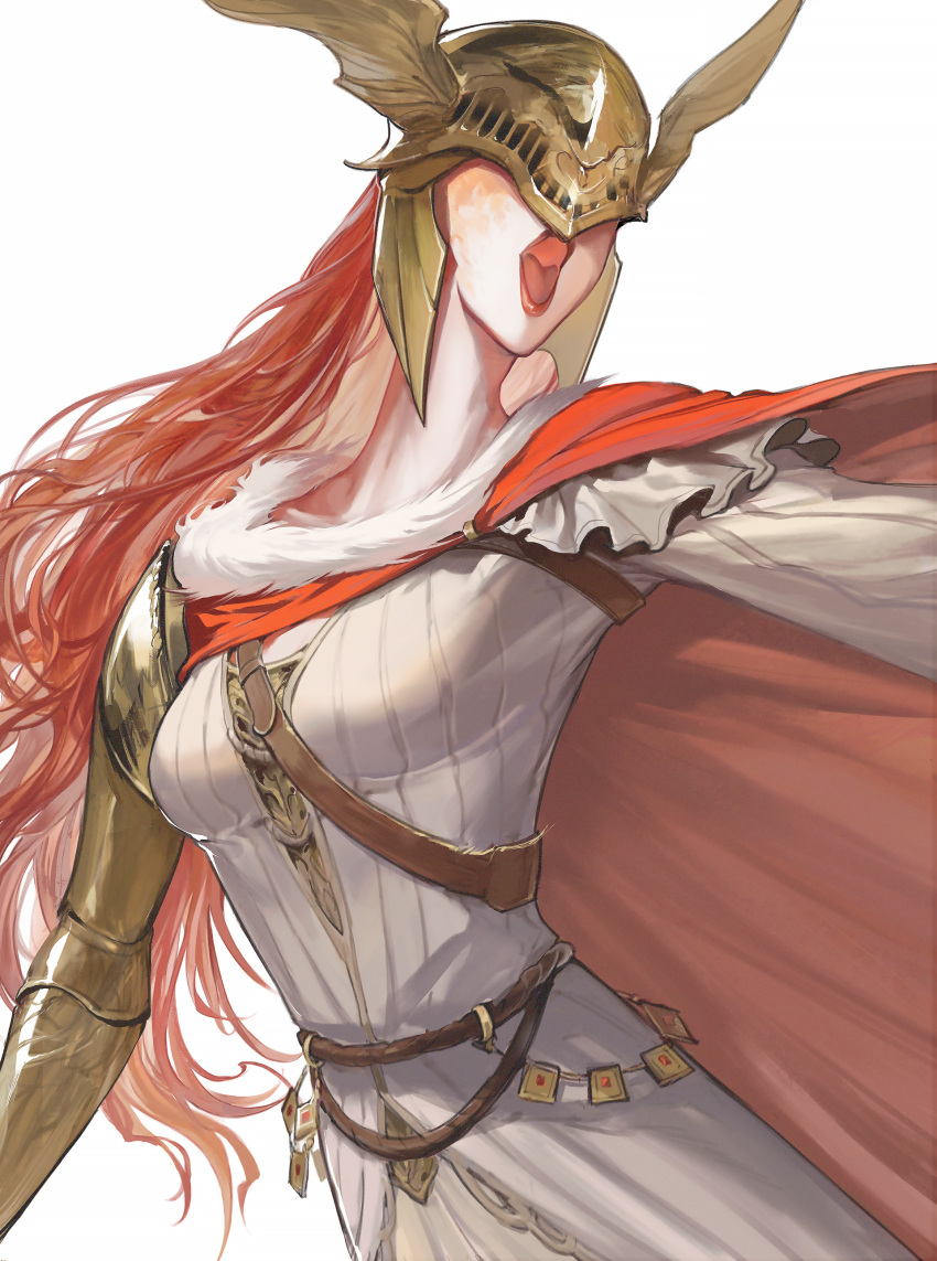 1girl absurdres armor breasts cape cho_(chorion) covered_eyes dress elden_ring helmet highres long_hair malenia_blade_of_miquella mechanical_arms open_mouth prosthesis prosthetic_arm red_cape redhead simple_background single_mechanical_arm solo very_long_hair winged_helmet