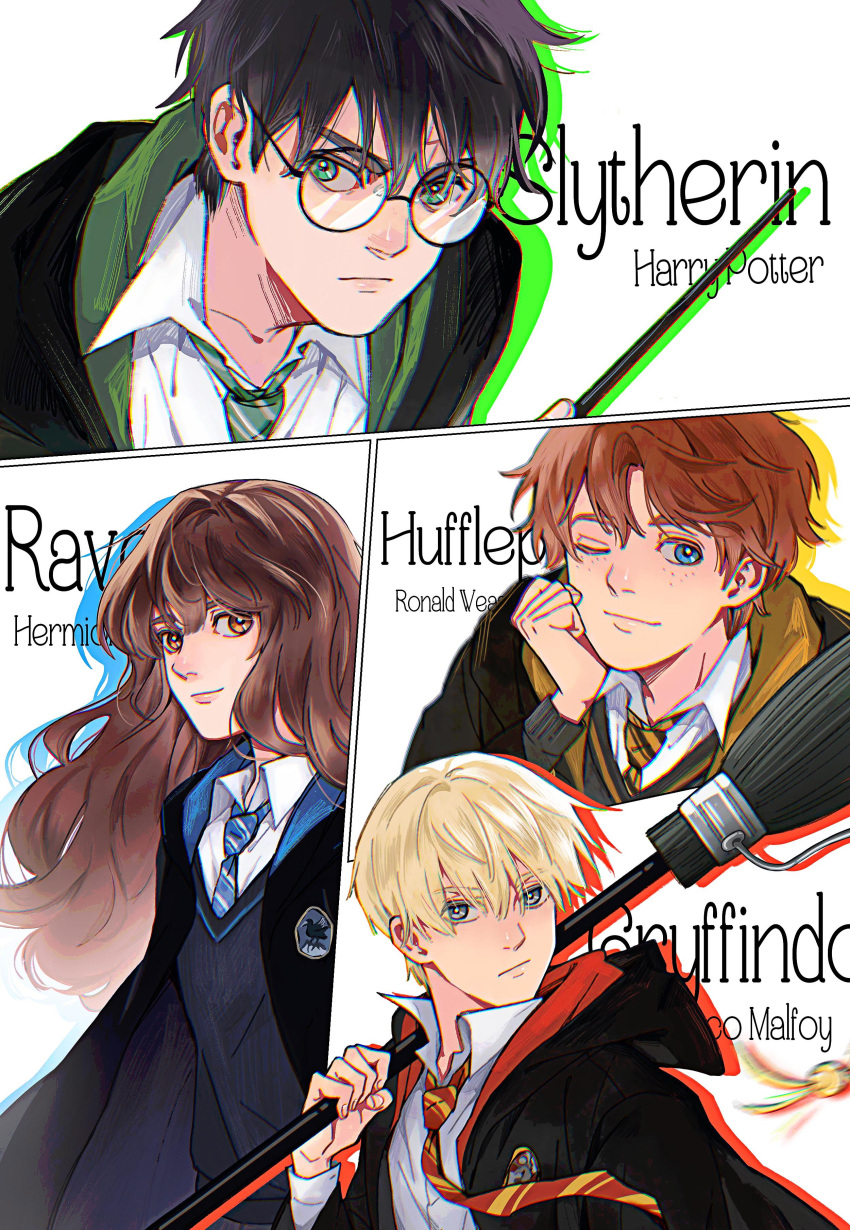1girl 3boys absurdres afterimage alternate_universe bangs black_jacket blonde_hair blue_eyes blue_necktie broom brown_eyes brown_hair carrying_over_shoulder character_name closed_mouth collared_shirt draco_malfoy drop_shadow floating_necktie freckles frown glasses golden_snitch green_eyes green_necktie grey_sweater gryffindor hand_up harry_potter harry_potter_(series) hermione_granger highres hogwarts_school_uniform holding holding_broom holding_wand hood hood_down hooded_jacket hufflepuff jacket long_hair long_sleeves looking_at_viewer looking_to_the_side motion_blur multiple_boys neckerchief necktie one_eye_closed orange_hair ravenclaw red_necktie ron_weasley rs382302 scar scar_on_face scar_on_forehead school_uniform shirt slytherin smile sweater wand white_background white_shirt yellow_neckerchief