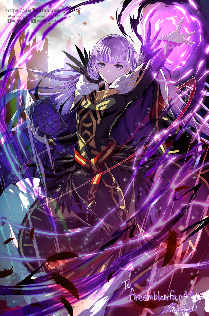 1girl absurdly_long_hair arm_up black_dress black_feathers book castle commission dress fantasy feathers fire fire_emblem fire_emblem:_the_binding_blade fire_emblem_heroes highres holding holding_book long_hair long_sleeves moreshan official_alternate_costume pixiv_request purple_fire purple_hair serious signature skeb_commission solo sophia_(fire_emblem) tumblr_username twitter_username very_long_hair violet_eyes
