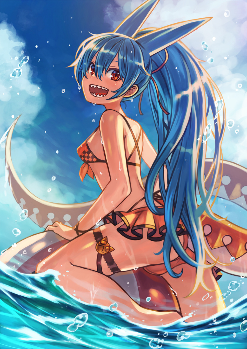 1girl :d ass ball bangs bare_shoulders beachball bikini bikini_skirt blue_hair blue_sky breasts clouds day dragon_tail hair_between_eyes hair_ribbon highres long_hair multicolored_tail open_mouth orange_bikini orange_eyes orange_ribbon orange_tail original ponytail ribbon ringed_eyes rumie sharp_teeth sky small_breasts smile solo swimsuit tail teeth thigh_strap tiona very_long_hair water white_tail