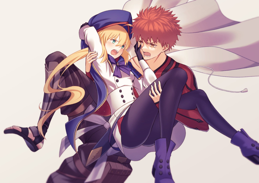 1boy 1girl ahoge annoyed artoria_caster_(fate) artoria_caster_(second_ascension)_(fate) artoria_pendragon_(fate) bangs blonde_hair blue_ribbon blurry blush boots brown_eyes carrying cloak coat depth_of_field emiya_shirou fate/grand_order fate_(series) gloves green_eyes hand_on_another's_face hat highres ka_ki_o open_mouth pantyhose princess_carry redhead ribbon senji_muramasa_(fate) simple_background spiky_hair white_background