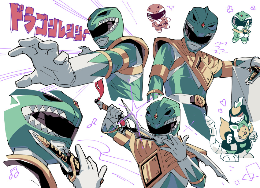 2boys absurdres bodysuit character_name chibi chibi_inset dragon_caesar dragon_ranger dual_wielding gloves green_bodysuit heart helmet highres holding holding_knife holding_sword holding_weapon knife kyouryuu_sentai_zyuranger mecha mori_(enignuma797) multiple_boys multiple_views musical_note robot super_sentai sword tokusatsu tyrannoranger weapon white_background white_gloves