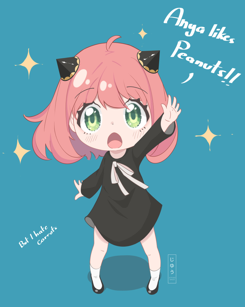 1girl 2022 :d :o absurdres ahoge anya_(spy_x_family) arm_up artist_name bangs black_dress black_footwear blue_background blush child dress english_text female_child flats full_body green_eyes highres jhaysie long_hair long_sleeves looking_at_viewer open_mouth pink_hair ribbon shoes smile socks solo sparkle spy_x_family standing white_ribbon white_socks