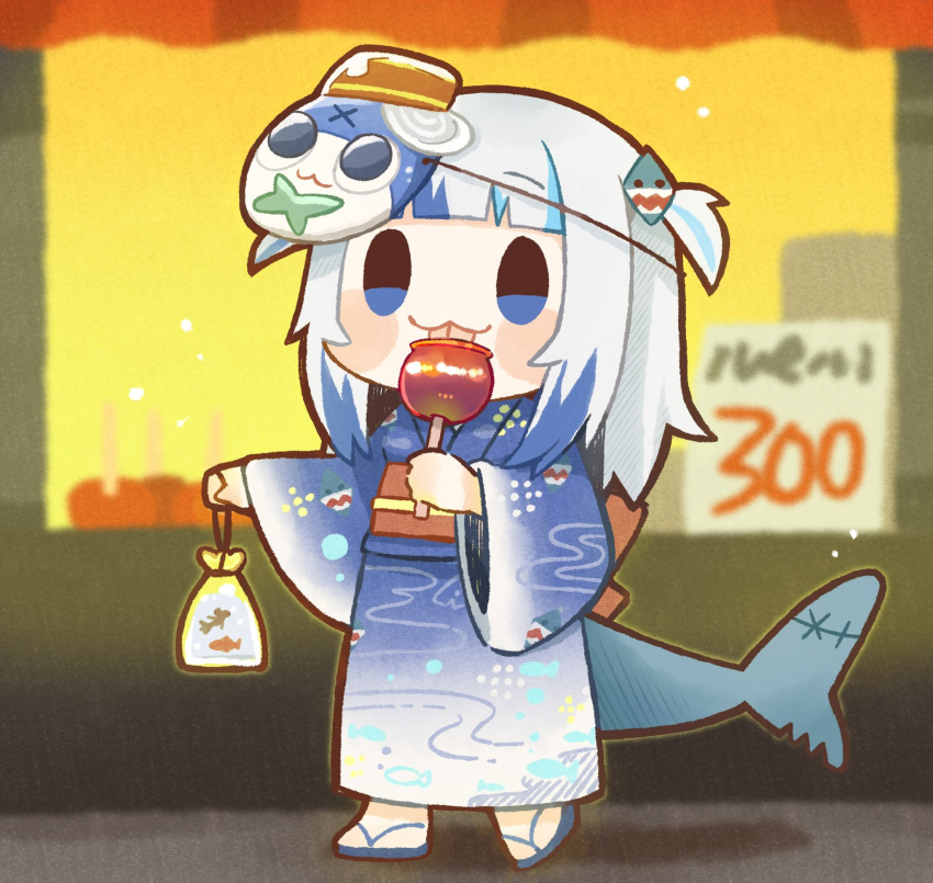 1girl :3 :p adapted_costume bag bagged_fish bangs blood blue_eyes blue_hair blunt_bangs blurry blurry_background blush_stickers candy_apple character_mask chibi commentary festival fish fish_tail food full_body gawr_gura highres hololive hololive_english japanese_clothes kimono long_hair mask mask_on_head multicolored_hair obi same_anko sash shark_tail solo streaked_hair symbol-only_commentary tail tongue tongue_out two-tone_hair two_side_up virtual_youtuber walking white_hair wide_sleeves zouri