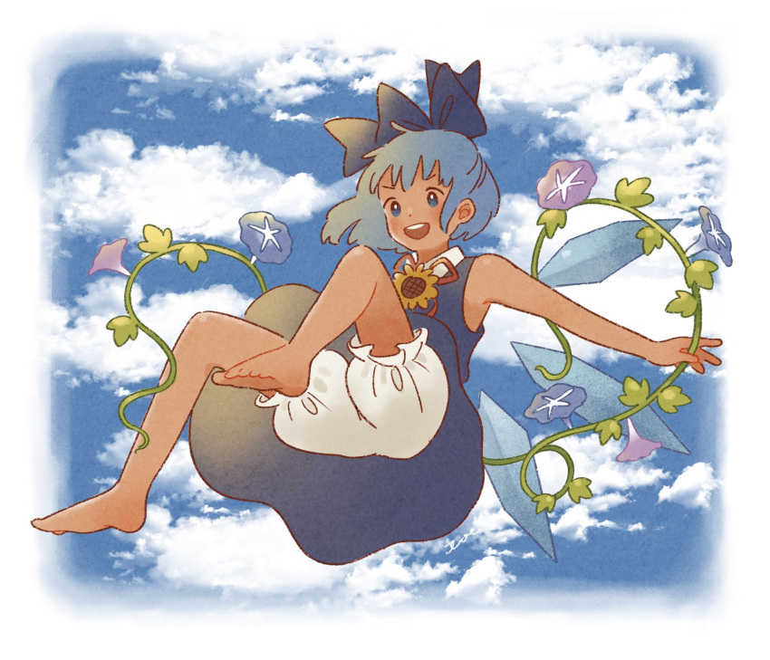 1girl :d barefoot bloomers blue_bow blue_dress blue_eyes blue_hair bow cirno clouds dot_nose dress flower hair_bow highres morning_glory open_mouth outstretched_arms short_hair sleeveless sleeveless_dress smile spread_arms tan tanned_cirno teeth toe_miyama touhou underwear upper_teeth v-shaped_eyebrows