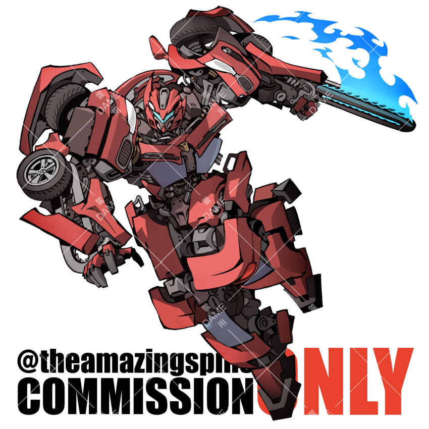 arm_blade blue_fire chainsaw commission fire highres mecha no_humans open_hand redesign robot science_fiction solo stinger_(transformers) theamazingspino transformers transformers:_age_of_extinction transformers_(live_action) twitter_username visor watermark weapon white_background