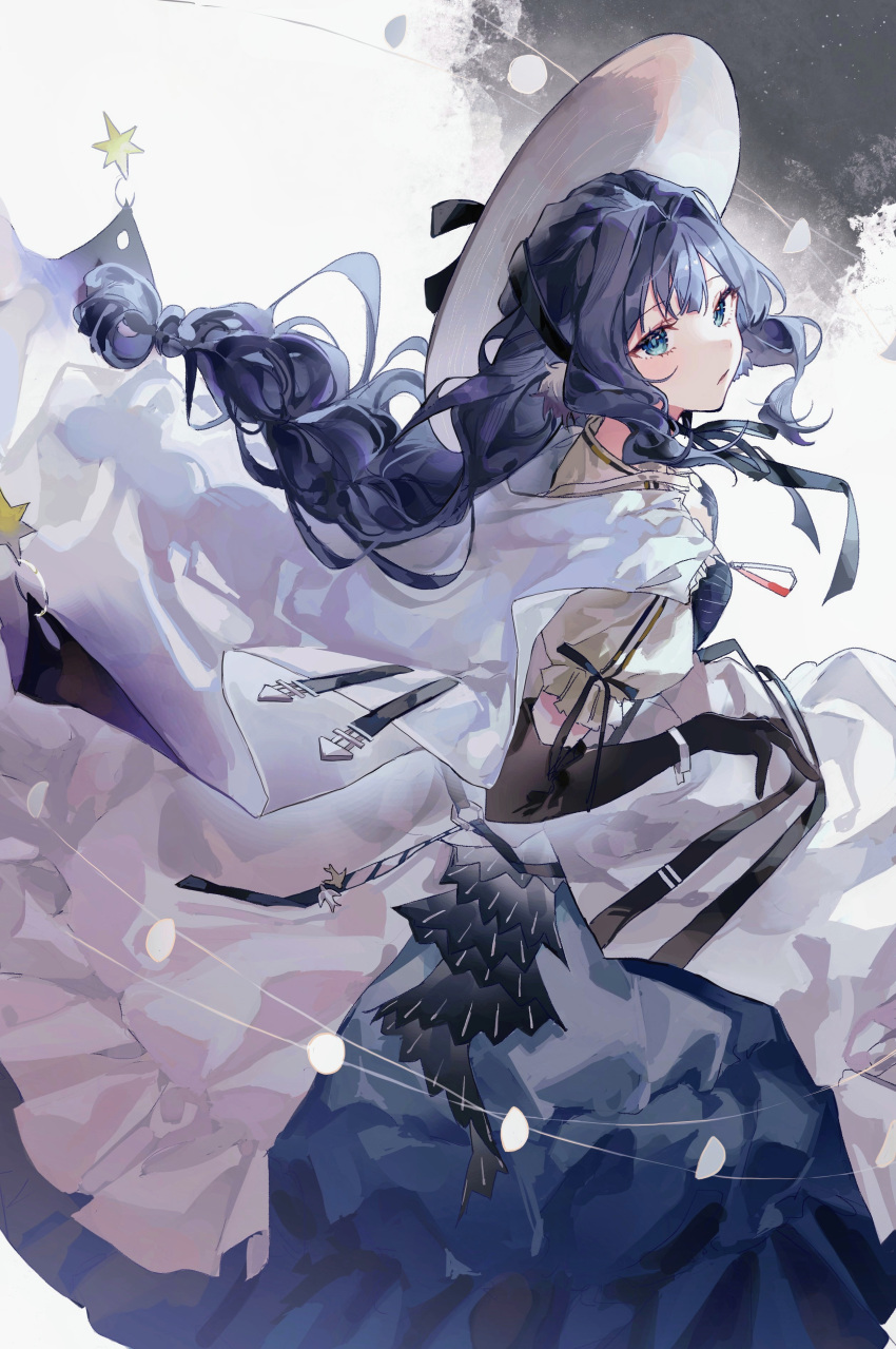 1girl :o absurdres arknights astesia_(arknights) blue_eyes blue_hair braid dress from_behind hat highres long_hair looking_at_viewer looking_back lyas parted_lips solo white_dress white_headwear