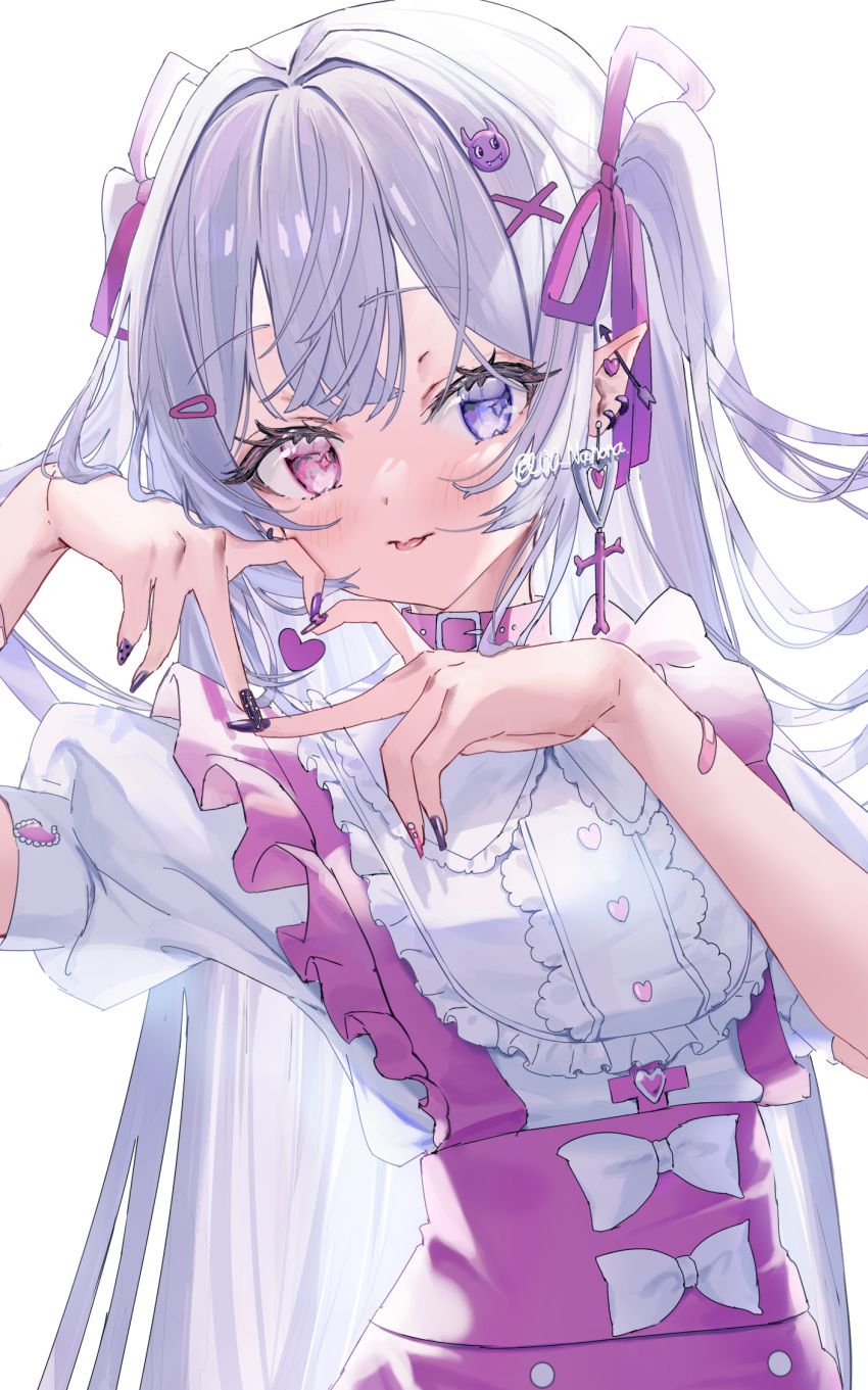 00nanona 1girl bandaid blue_eyes bow dress ear_piercing eyes_visible_through_hair frilled_dress frills grey_hair hair_ornament hands_up heart heart_hands hetero highres looking_at_viewer original piercing pink_eyes pointy_ears puffy_short_sleeves puffy_sleeves short_sleeves solo straight_hair twintails upper_body white_background x_hair_ornament