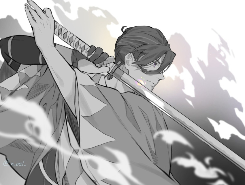 1boy ahoge blurry blurry_foreground closed_mouth fate/grand_order fate_(series) fighting_stance gloves greyscale hair_between_eyes hair_pulled_back haori holding holding_sword holding_weapon japanese_clothes katana kimono looking_ahead male_focus monochrome n_oel partially_fingerless_gloves profile serious shinsengumi short_hair smoke solo spot_color sword upper_body violet_eyes weapon white_background yamanami_keisuke_(fate)