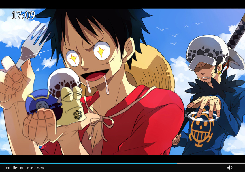 &gt;:) 2boys anger_vein annoyed black_hair clenched_teeth den_den_mushi drooling fake_screenshot fork fur_hat fur_trim hat hat_removed headwear_removed holding holding_fork holding_sword holding_weapon long_sleeves male_focus monkey_d._luffy multiple_boys one_piece open_clothes open_mouth open_shirt outdoors red_shirt scar scar_on_face sheath sheathed shirt snail sparkling_eyes straw_hat sword teeth trafalgar_law v-shaped_eyebrows weapon x.hyo