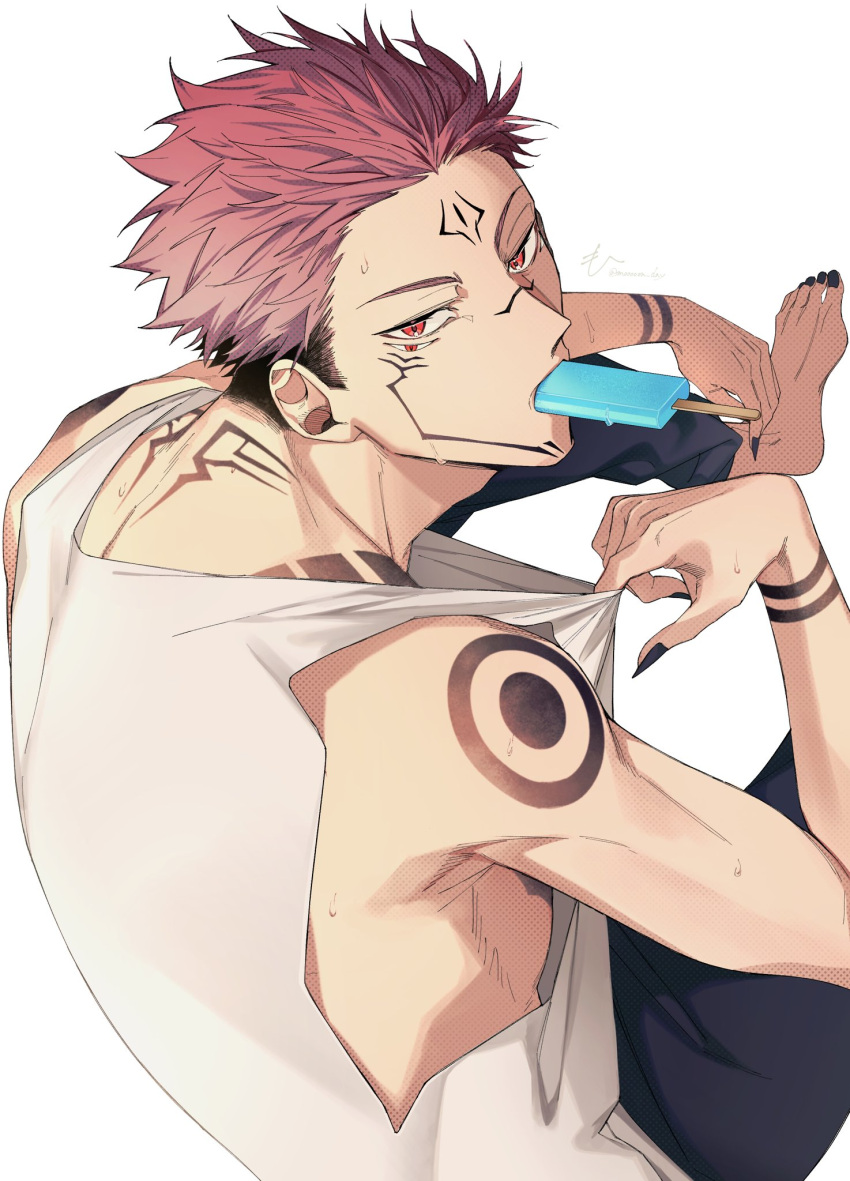 1boy adjusting_shirt arm_tattoo black_hair black_nails extra_eyes facial_tattoo food highres jujutsu_kaisen looking_at_another looking_at_viewer male_focus mon_(mooooon_day) multicolored_hair pink_hair popsicle red_eyes ryoumen_sukuna_(jujutsu_kaisen) shirt short_hair sitting solo spiky_hair sweat tank_top tattoo two-tone_hair undercut white_background