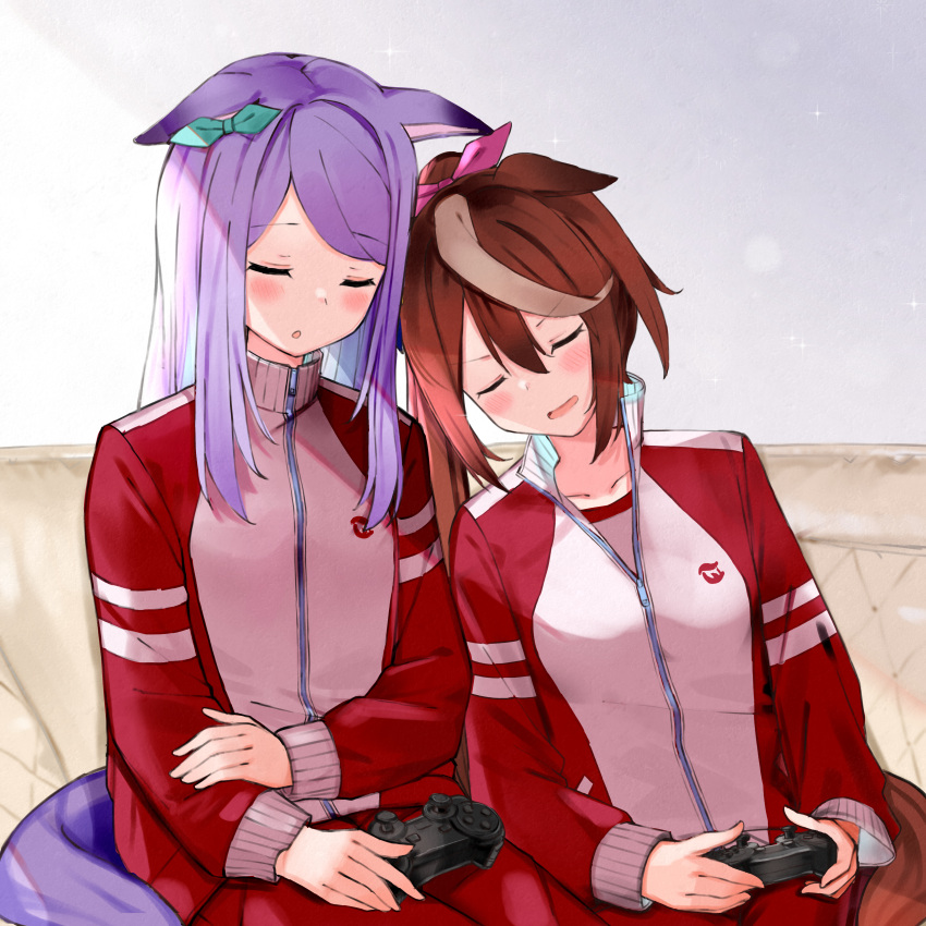 2girls absurdres animal_ears bangs blush brown_hair ear_ribbon hair_ribbon high_ponytail highres holding horse_ears horse_girl horse_tail jacket long_hair mejiro_mcqueen_(umamusume) mizusaki_rain multicolored_hair multiple_girls pink_ribbon playstation_controller purple_hair ribbon sleeping streaked_hair swept_bangs tail tokai_teio_(umamusume) tracen_track_uniform track_jacket track_suit two-tone_hair umamusume white_hair