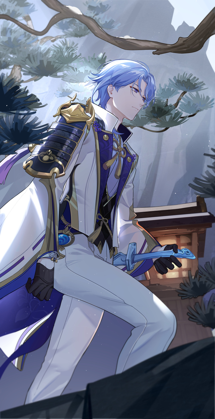 1boy absurdres armor bangs black_gloves black_vest blue_hair branch closed_mouth commentary_request day ei_(user_sjgf2435) expressionless feet_out_of_frame flower_knot genshin_impact gloves gold_trim hair_over_shoulder half_gloves highres jacket japanese_armor japanese_clothes kamisato_ayato kimono lantern lapels long_sleeves looking_away male_focus medium_hair mole mole_under_mouth open_clothes open_jacket outdoors pants parted_bangs rope shoulder_armor sidelocks solo standing stone swept_bangs tassel vest violet_eyes vision_(genshin_impact) walking white_jacket white_pants wide_sleeves