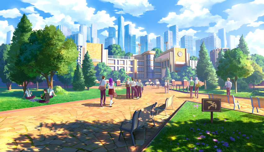 absurdres bag building bush card city clouds cloudy_sky dragon fantasy flower grass highres kevin_gnutzmans league_of_legends outdoors park people playing playing_card road scenery school school_uniform sign sky star_guardian_(league_of_legends) tower tree walking