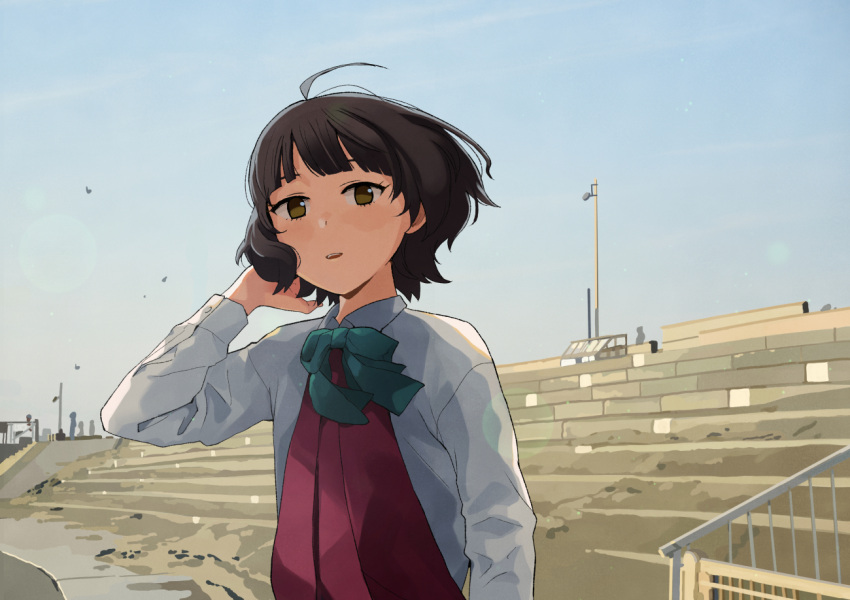1girl antenna_hair bangs banned_artist blue_sky bow bowtie brown_eyes brown_hair commentary_request day dress hand_in_own_hair kantai_collection kishinami_(kancolle) looking_at_viewer makio_(makiomeigenbot) outdoors parted_lips purple_dress school_uniform shirt short_hair sky solo stadium upper_body white_shirt