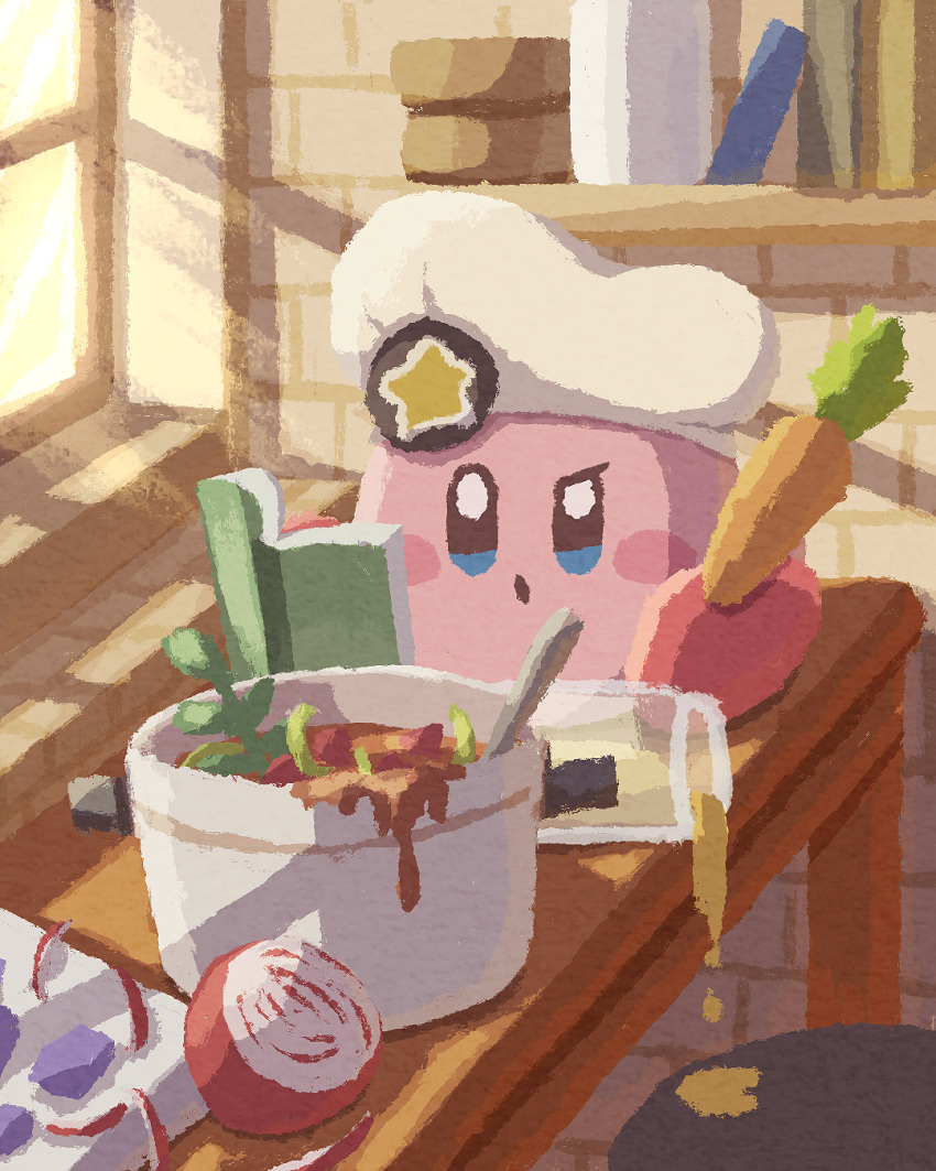 book carrot chair chef_hat cooking dripping food frown hat highres jar kirby kirby_(series) kitchen miclot onion open_mouth plant potted_plant reading shelf sitting solo table vegetable window wood wooden_table