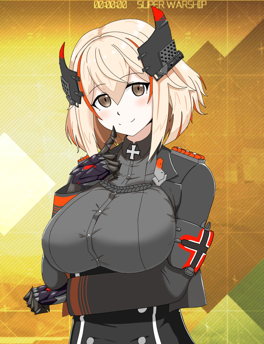 1girl absurdres armband azur_lane bangs blonde_hair bob_cut breast_hold breasts brown_eyes closed_mouth commentary english_text epaulettes finger_to_cheek grey_jacket headgear highres jacket large_breasts long_sleeves looking_at_viewer mechanical_hands military military_uniform roon_(azur_lane) short_hair smile solo uniform upper_body vierka_(ghifar201) yellow_background