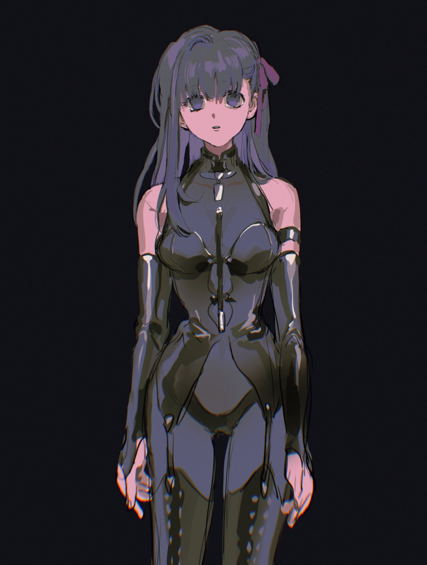 1girl armband bare_shoulders black_armband black_background black_hair bow check_copyright chromatic_aberration copyright_request elbow_gloves fate/stay_night fate_(series) fingerless_gloves fingernails garter_straps gloves hair_bow highres long_hair looking_at_viewer matou_sakura mimulishizi multicolored_hair parted_lips purple_bow purple_hair simple_background sketch skindentation solo teeth two-tone_hair upper_teeth violet_eyes