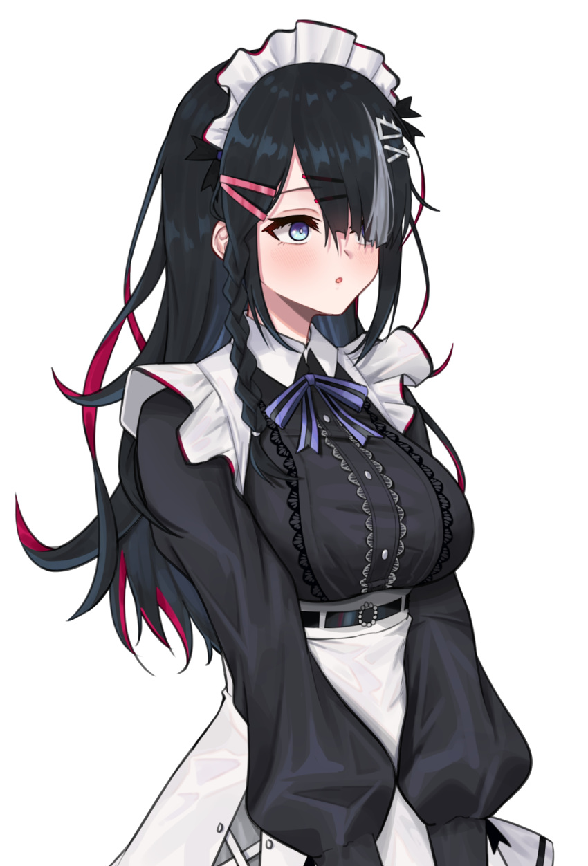 1girl :o apron bangs belt black_belt black_dress black_hair blue_eyes blue_hair blue_ribbon blush braid breasts buisen colored_inner_hair dress erenav frills grey_hair hair_ornament hair_over_one_eye hairclip highres lace-trimmed_dress lace_trim large_breasts long_hair long_sleeves maid maid_headdress multicolored_hair puffy_long_sleeves puffy_sleeves redhead ribbon simple_background solo streaked_hair taut_clothes taut_dress upper_body v_arms virtual_youtuber white_apron white_background yashiki_ciel