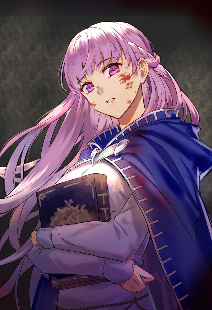 1girl absurdres belly_chain blood blood_on_face blue_dress book braid cloak commission commissioner_upload dress fire_emblem fire_emblem:_the_binding_blade french_braid highres holding holding_book jewelry long_dress long_hair long_sleeves non-web_source open_mouth purple_hair qitoli skeb_commission solo sophia_(fire_emblem) very_long_hair violet_eyes