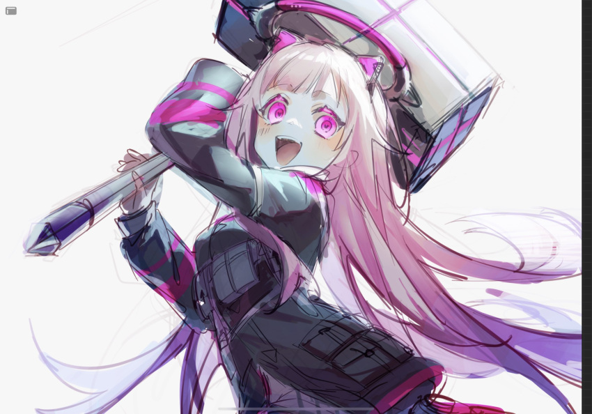 1girl :d arms_up attack bangs black_jacket commentary_request crazy_smile empty_eyes halo hammer highres holding holding_hammer jacket long_hair long_sleeves mechanical_halo nuko_0108 official_alternate_hair_length official_alternate_hairstyle ootori_emu open_mouth pink_eyes pink_hair project_sekai robot_ears sidelocks simple_background smile solo tactical_clothes white_background