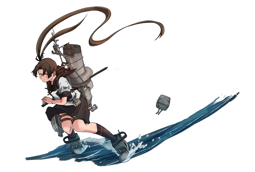 1girl adapted_turret anchor anchor_symbol ayanami_(kancolle) black_sailor_collar black_skirt brown_eyes brown_hair closed_mouth commentary_request highres kantai_collection kuragare loafers long_hair machinery pleated_skirt rigging sailor_collar school_uniform serafuku shoes short_sleeves side_ponytail skirt smokestack standing standing_on_liquid torpedo_launcher turret very_long_hair white_background