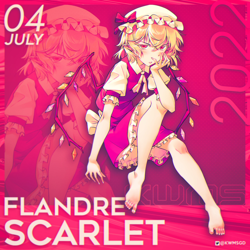 1girl 2022 absurdres artist_name back_bow barefoot blonde_hair bow character_name collared_shirt dated english_commentary flandre_scarlet frilled_skirt frilled_sleeves frills hair_between_eyes hand_on_own_face hat hat_ribbon highres kwms looking_at_viewer mob_cap multicolored_wings pointy_ears puffy_short_sleeves puffy_sleeves red_background red_eyes red_ribbon red_skirt red_theme red_vest ribbon shiny shiny_hair shirt short_sleeves skirt solo touhou twitter_logo twitter_username vest white_bow white_headwear white_shirt wings zoom_layer