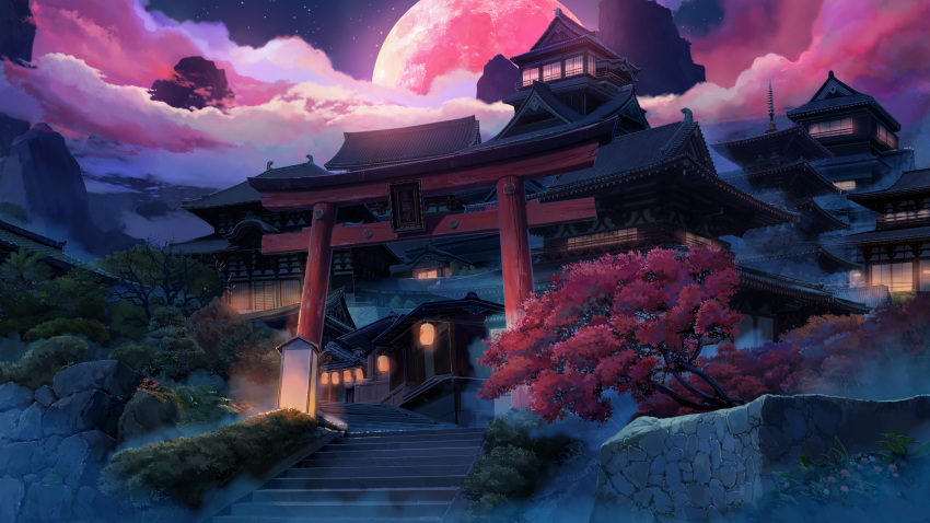 absurdres architecture building bush clouds cloudy_sky commentary_request east_asian_architecture full_moon highres inuyasha lantern moon mountain night night_sky no_humans outdoors paper_lantern scenery sky stairs star_(sky) stone_wall torii tree wall xi_chen_chen