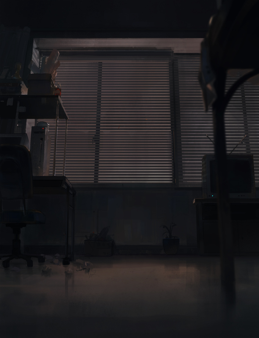 blinds box chair computer computer_tower desk dino_(dinoartforame) english_commentary highres monitor no_humans off_shoulder office_chair paper_roll plant steins;gate sticky_note television window