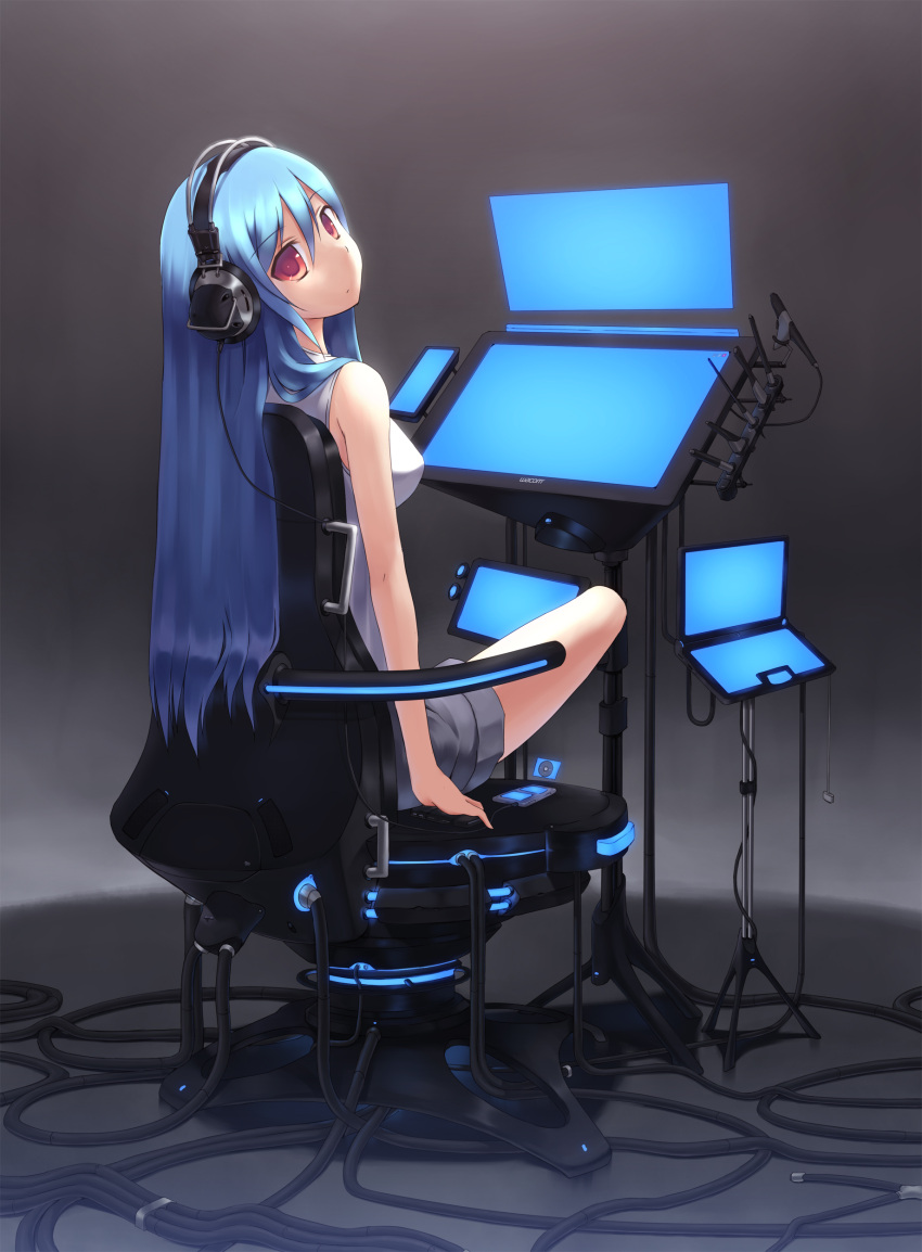 blue_hair cable chair digital_media_player headphones highres long_hair original red_eyes tablet wacom zenn