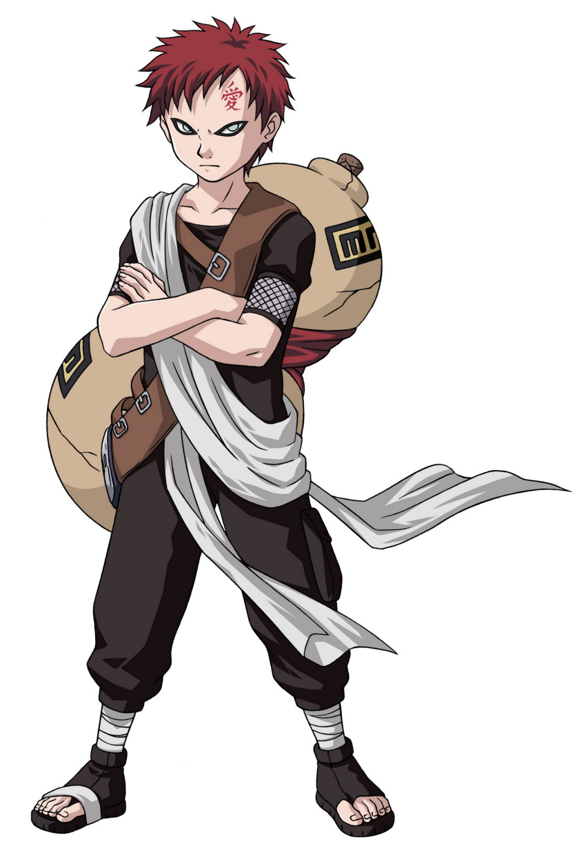 blue_eyes crossed_arms gaara male naruto red_hair sandals simple_background solo spiky_hair white_background