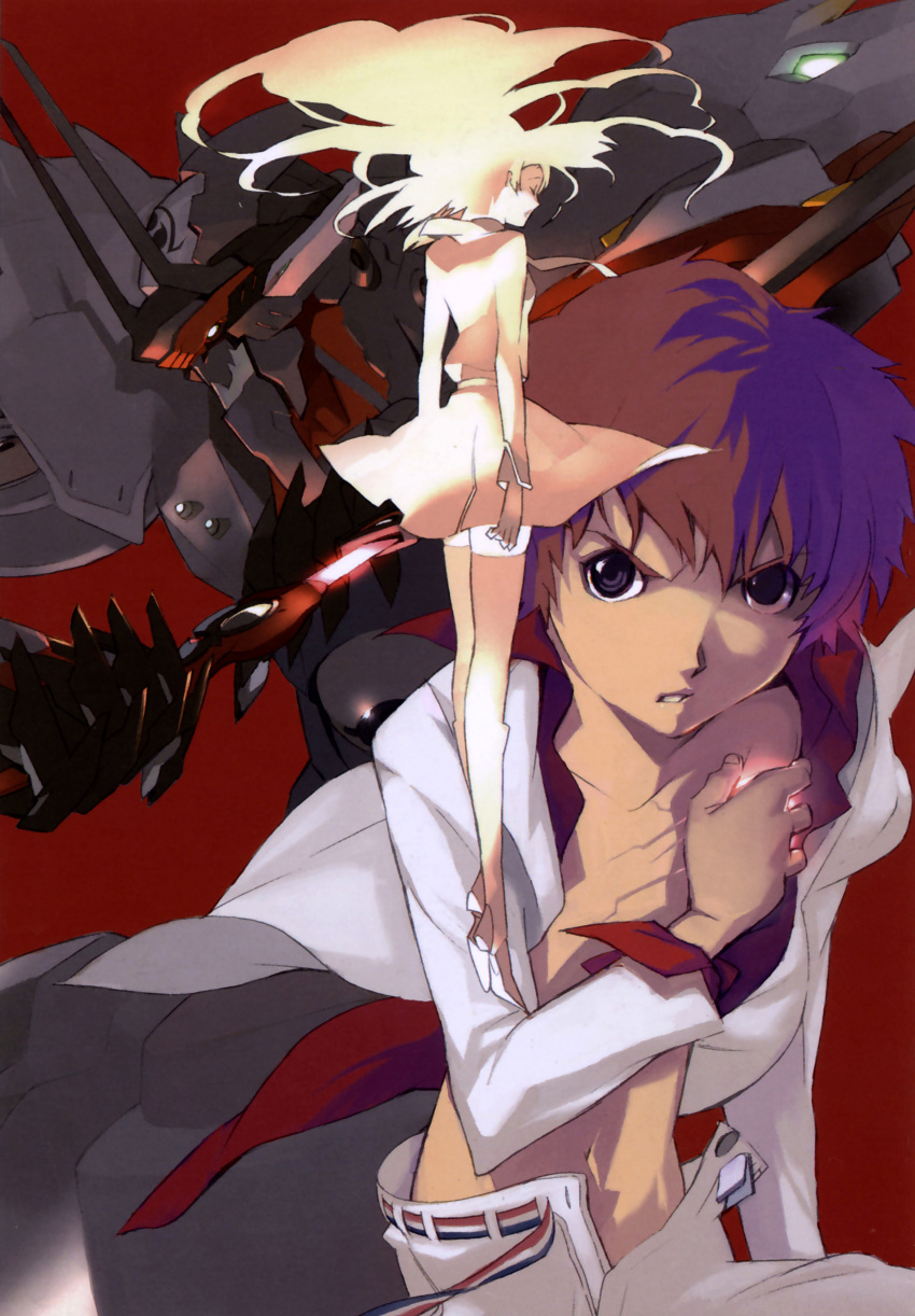 absurdres belt blonde_hair brown_hair hayase_kouichi high_heels highres kizaki_emi kurogane_no_linebarrel kurogane_no_linebarrels linebarrel long_hair mecha open_clothes open_shirt shimizu_eiichi shimoguchi_tomohiro shirt shoes short_dress sword thighhighs weapon zettai_ryouiki