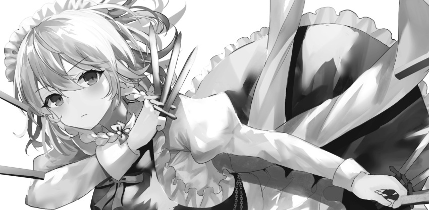 1girl apron arm_up back_bow bangs between_fingers blush bow bowtie braid breasts closed_mouth collared_shirt dress flying frills greyscale hair_between_eyes hair_bow hand_up highres izayoi_sakuya juliet_sleeves knife long_sleeves looking_at_viewer maid maid_headdress medium_breasts monochrome puffy_sleeves sakizaki_saki-p shirt short_hair simple_background solo touhou twin_braids weapon white_background