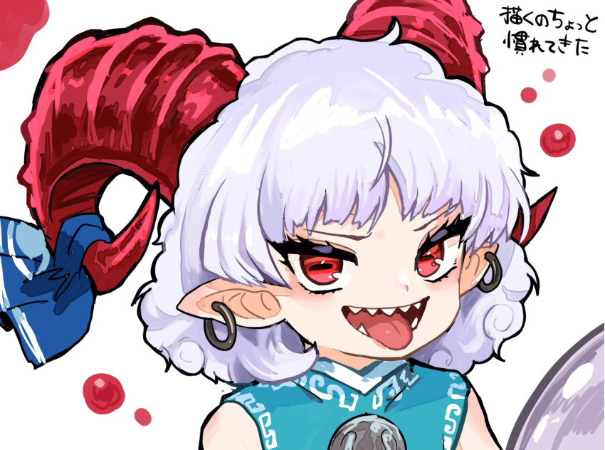 1girl blue_dress curly_hair dress earrings horizontal_pupils horn_ornament horn_ribbon horns howhow_notei jewelry open_mouth pointy_ears rectangular_pupils red_eyes red_horns ribbon sharp_teeth sheep_horns teeth tongue tongue_out touhou toutetsu_yuuma utensil white_hair