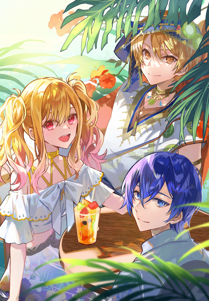 1girl 2boys absurdres bangs blonde_hair blue_eyes blue_hair closed_mouth commentary_request crop_top cup drink drinking_straw flower gradient_hair highres hood hood_up jewelry kaito_(vocaloid) long_hair looking_at_viewer multicolored_hair multiple_boys necklace open_mouth orange_eyes orange_flower outdoors pink_eyes pink_hair plant poppoman project_sekai shirt short_hair short_sleeves sidelocks skirt smile table teeth tenma_saki tenma_tsukasa twintails upper_teeth white_shirt white_skirt
