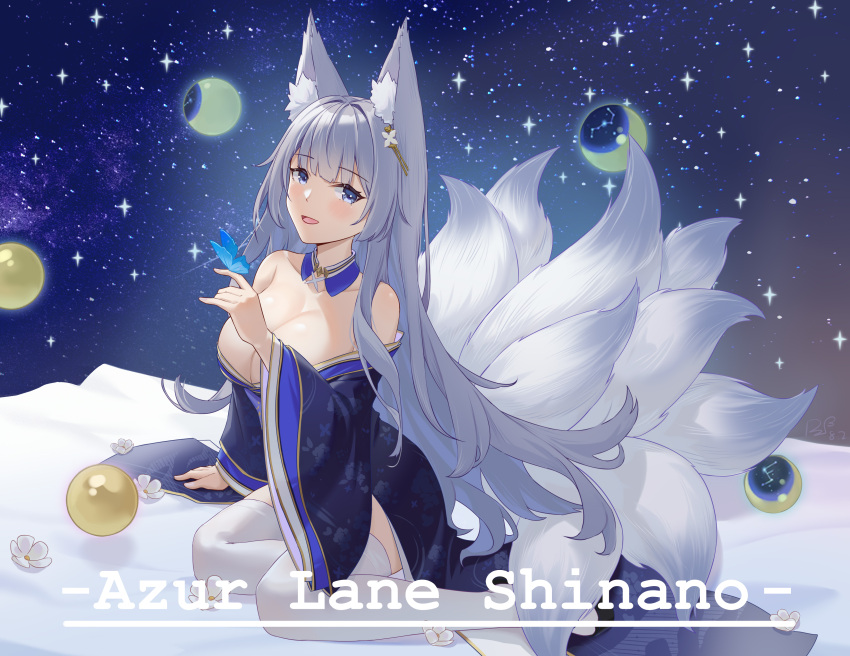 1girl absurdres animal_ear_fluff animal_ears azur_lane blue_collar blue_kimono breasts bug butterfly character_name collar copyright_name fox_ears fox_girl fox_tail highres japanese_clothes kimono kitsune kyuubi large_breasts large_tail long_hair long_sleeves looking_at_viewer moon_phases multiple_tails night open_mouth ping_zhong_yu shinano_(azur_lane) sitting skirt skirt_under_kimono sky solo star_(sky) starry_sky tail thigh-highs very_long_hair violet_eyes wariza white_hair white_skirt white_tail white_thighhighs wide_sleeves wrist_flower