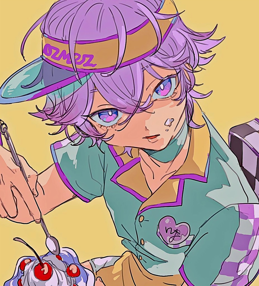 1boy cake eating food hat highres looking_at_viewer male_focus multicolored_clothes open_mouth paradox_live purple_hair shirota69 short_hair short_sleeves sketch solo spoon violet_eyes yatonokami_nayuta yellow_background