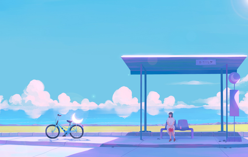 1girl bench bicycle black_hair blue_sky brown_footwear bus_stop clouds crescent cup dress glowing ground_vehicle horizon medium_hair morncolour original outdoors red_bag reflection shadow shoes short_sleeves sky solo water white_dress