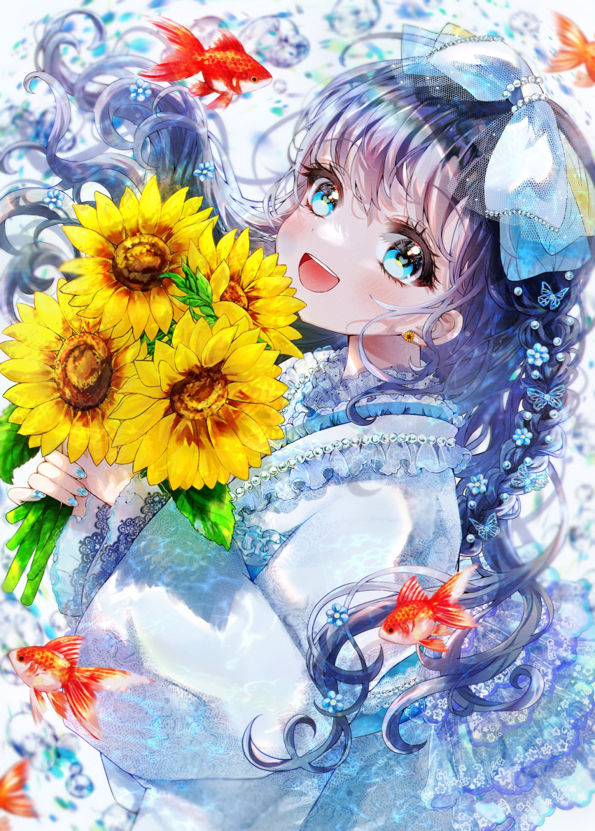 1girl bangs blue_dress blue_eyes blue_flower blunt_bangs bouquet bow dress earrings fish flower flower_earrings forget-me-not_(flower) frilled_dress frills gem hair_bow happy highres holding holding_bouquet jewelry lace lens_flare looking_at_viewer open_mouth original pa_ff pearl_(gemstone) semi-transparent smile solo sunflower water wavy_hair yellow_flower