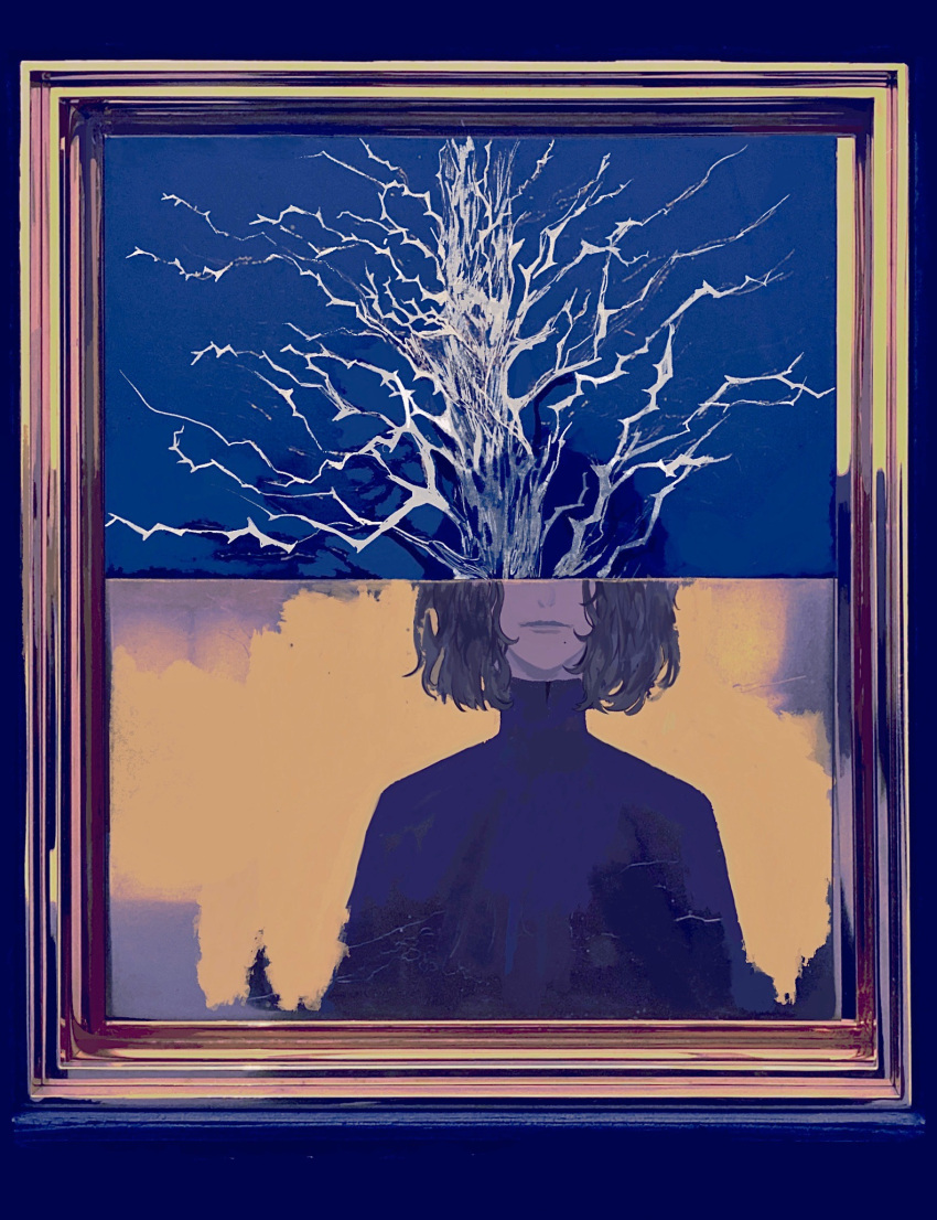1boy bare_tree black_hair blue_background closed_mouth commentary_request facing_viewer forever_7th_capital highres iscario_(forever_7th_capital) male_focus mole mole_under_eye picture_frame shadow short_hair solo symbolism tree turtleneck upper_body ye_(ran_chiiipye)