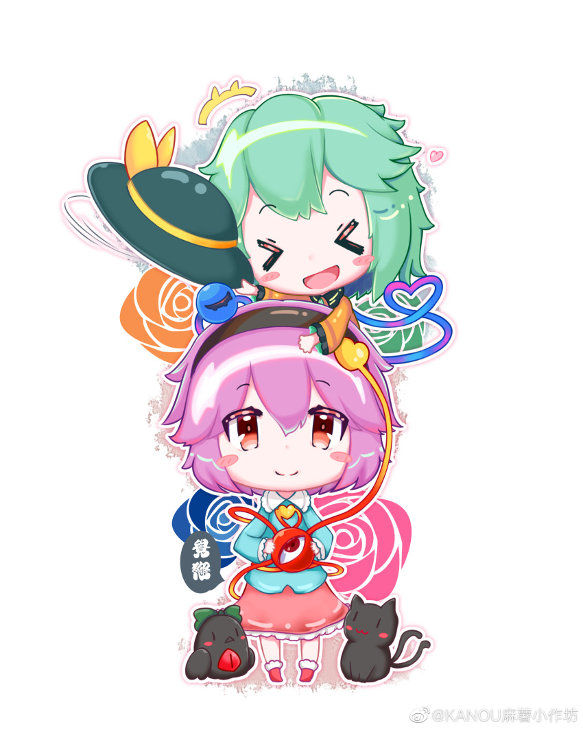 &gt;_&lt; +++ 2girls :d absurdres black_bird black_cat black_hairband black_headwear blouse blue_shirt blush_stickers bow buttons cat chibi chinese_commentary closed_mouth commentary_request dated flower frilled_shirt_collar frilled_sleeves frills green_hair hair_between_eyes hair_ornament hairband hand_on_another's_head hat hat_bow heart heart_button heart_hair_ornament heart_of_string highres holding holding_clothes holding_hat kaenbyou_rin kaenbyou_rin_(cat) kanou_(zuofang) komeiji_koishi komeiji_satori long_sleeves looking_at_another looking_up medium_hair multiple_girls multiple_tails pink_footwear pink_skirt purple_hair red_eyes reiuji_utsuho reiuji_utsuho_(bird) rose shirt shoes signature simple_background skirt smile tail third_eye touhou two_tails weibo_logo weibo_username white_background yellow_bow yellow_shirt