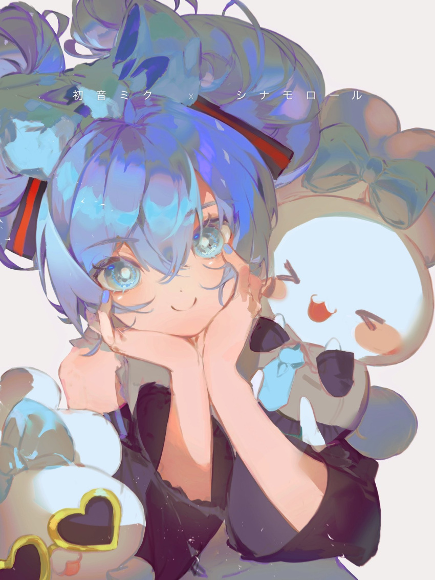 &gt;w&lt; 1girl bangs black_sleeves blue_bow blue_eyes blue_hair blue_nails blush blush_stickers bow character_name cinnamiku cinnamoroll closed_mouth commentary cosplay creature creature_on_arm crossed_bangs crossover detached_sleeves grey_shirt hair_between_eyes hands_on_own_chest hatsune_miku hatsune_miku_(cosplay) head_rest heart heart-shaped_eyewear highres long_hair looking_at_viewer open_mouth sanrio shirt smile split_mouth sunglasses tail tied_ears updo vocaloid waihle white_background yellow-framed_eyewear