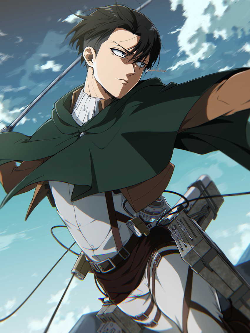 1boy absurdres ascot bangs belt black_hair brown_jacket brown_sash cloak clouds cloudy_sky cowboy_shot cropped_jacket fighting_stance green_cloak hair_between_eyes harness highres holding holding_weapon jacket levi_(shingeki_no_kyojin) looking_to_the_side male_focus outdoors pants parted_bangs shingeki_no_kyojin shirt short_hair sky solo taso_(harutsukimikan) thigh_strap three-dimensional_maneuver_gear waist_sash weapon white_pants white_shirt