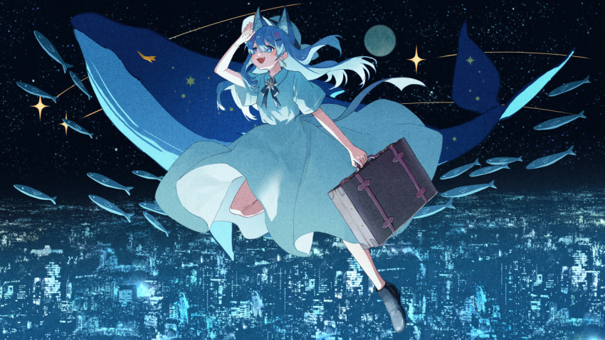 1girl animal_ears arm_up black_footwear blue_eyes blue_hair briefcase cat_ears cityscape collared_dress copyright_request dress earrings fang fish holding holding_briefcase jewelry long_hair moon official_art open_mouth potg_(piotegu) shoes shooting_star short_sleeves smile solo star_(sky) white_dress wide_shot